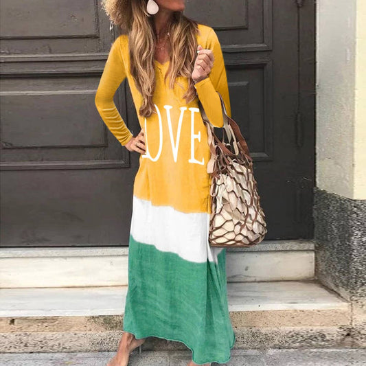 Fashion color-blocking printe long-sleeved dress