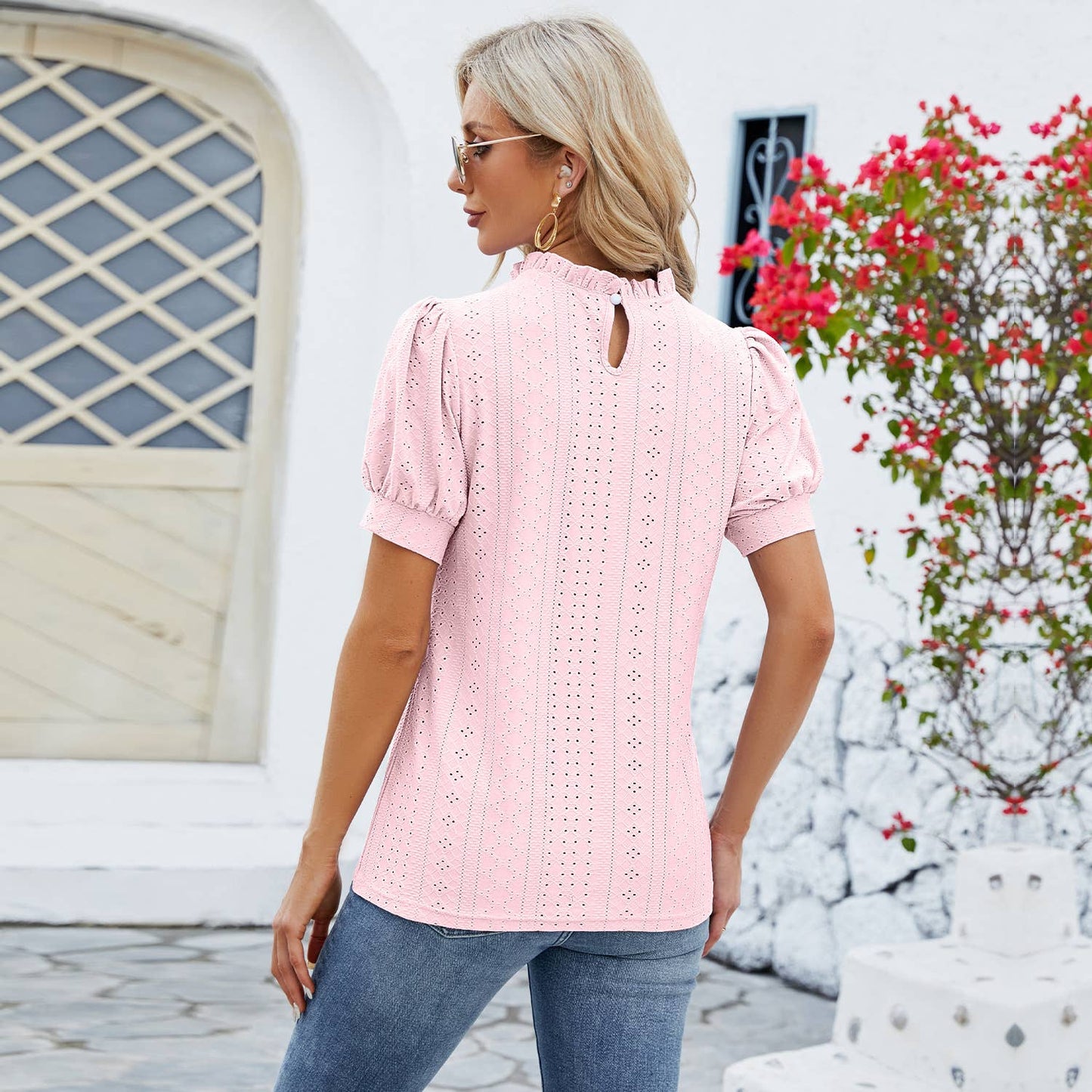 RUFFLE SHIRT WITH LACE COLLAR AND PUFFY SLEEVES