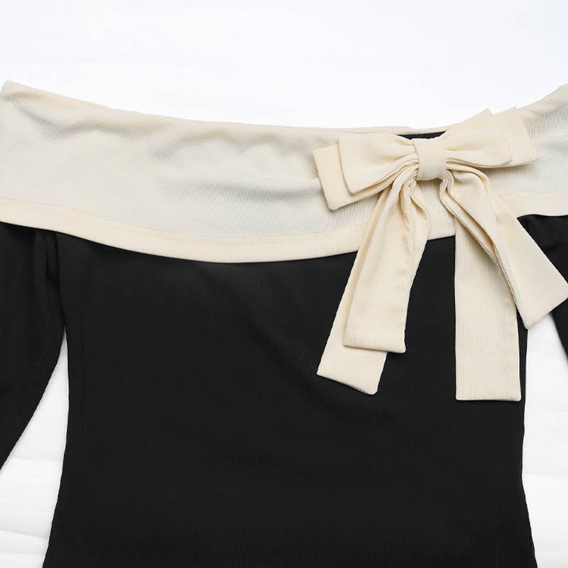 FASHION OFF-THE-SHOULDER BOW LONG-SLEEVED T-SHIRT