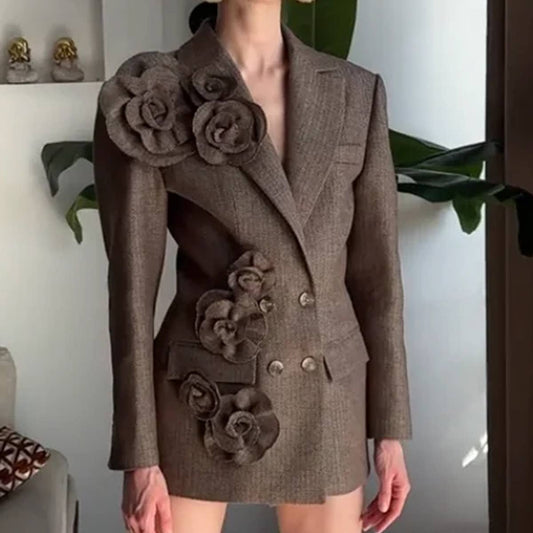 Chic Double-Breasted Blazer with 3D Floral Details_CWOCO1225