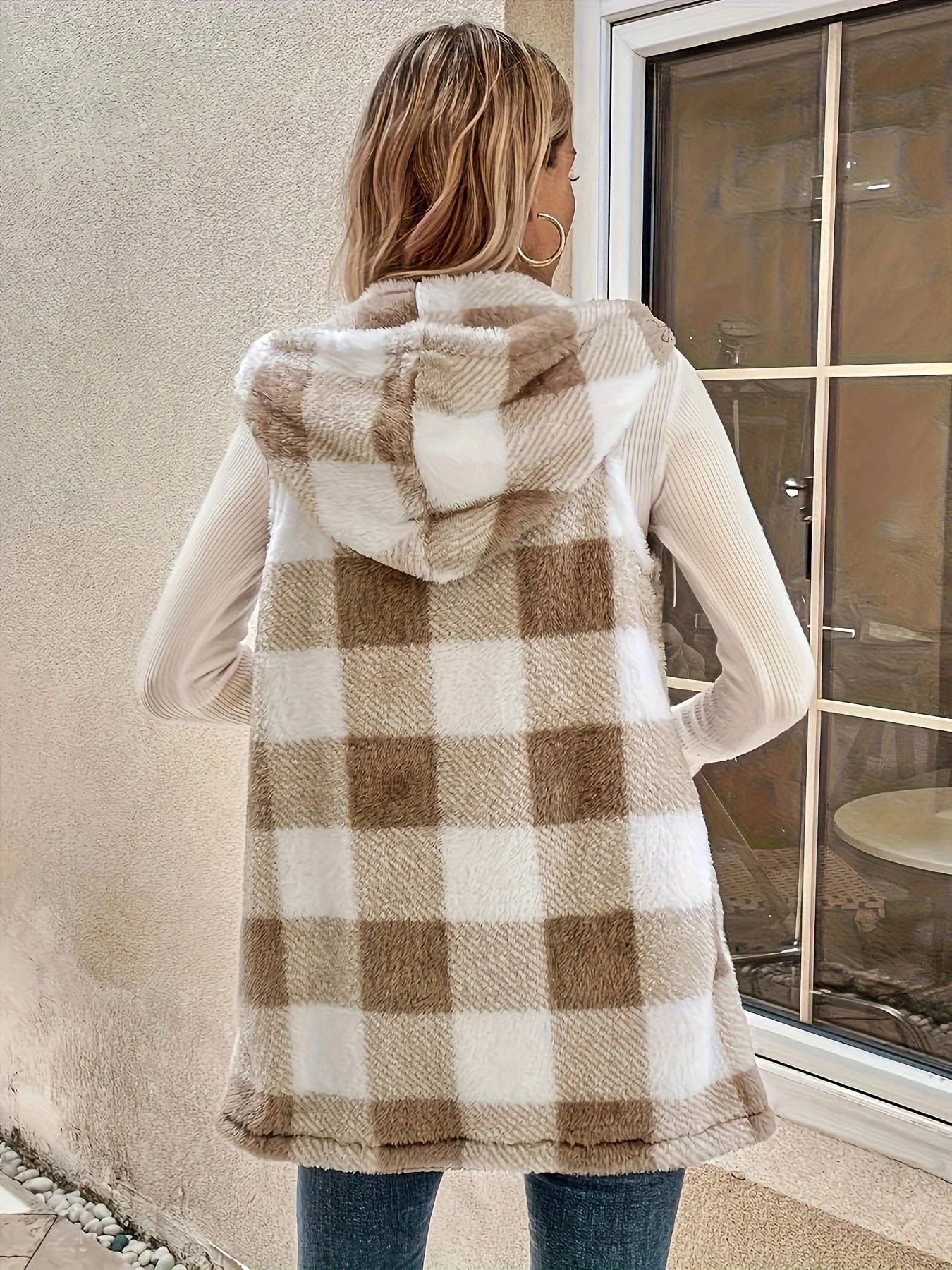 TWO-TONE PLAID HOODED PLUSH WAISTCOAT