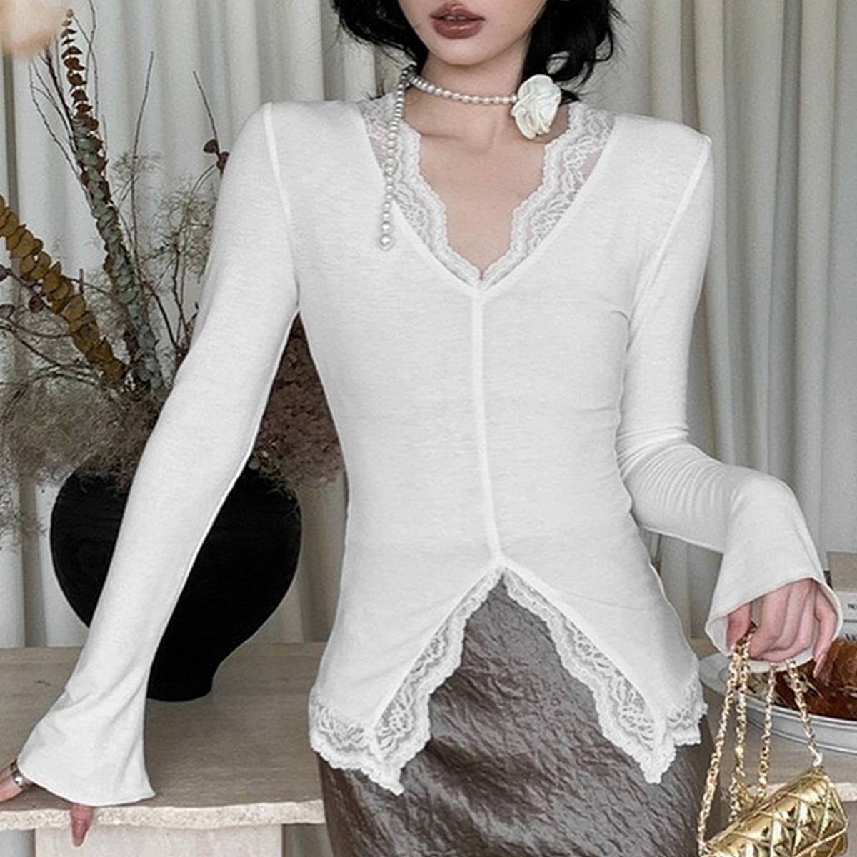 SOLID COLOR V-NECK SEXY LACE PATCHWORK TOP