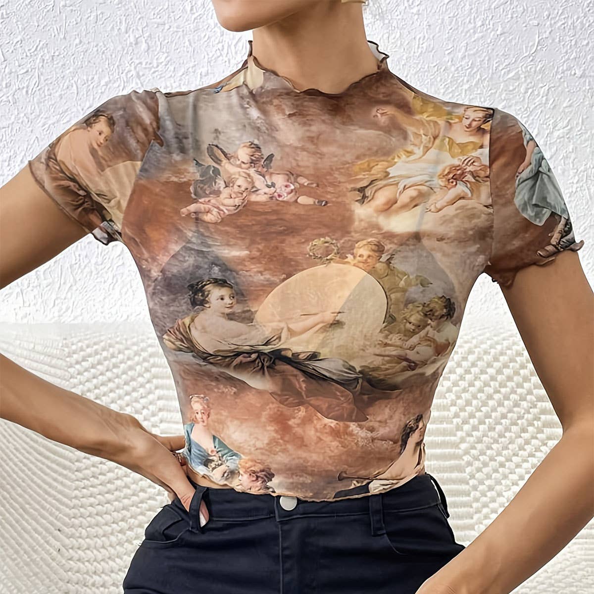 FLORAL PRINT MESH TOP WITH RUFFLE DETAILING