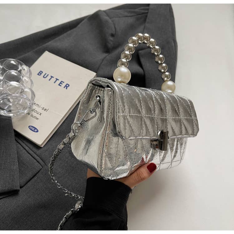 Laser pearl chain diamond single-shoulder bag