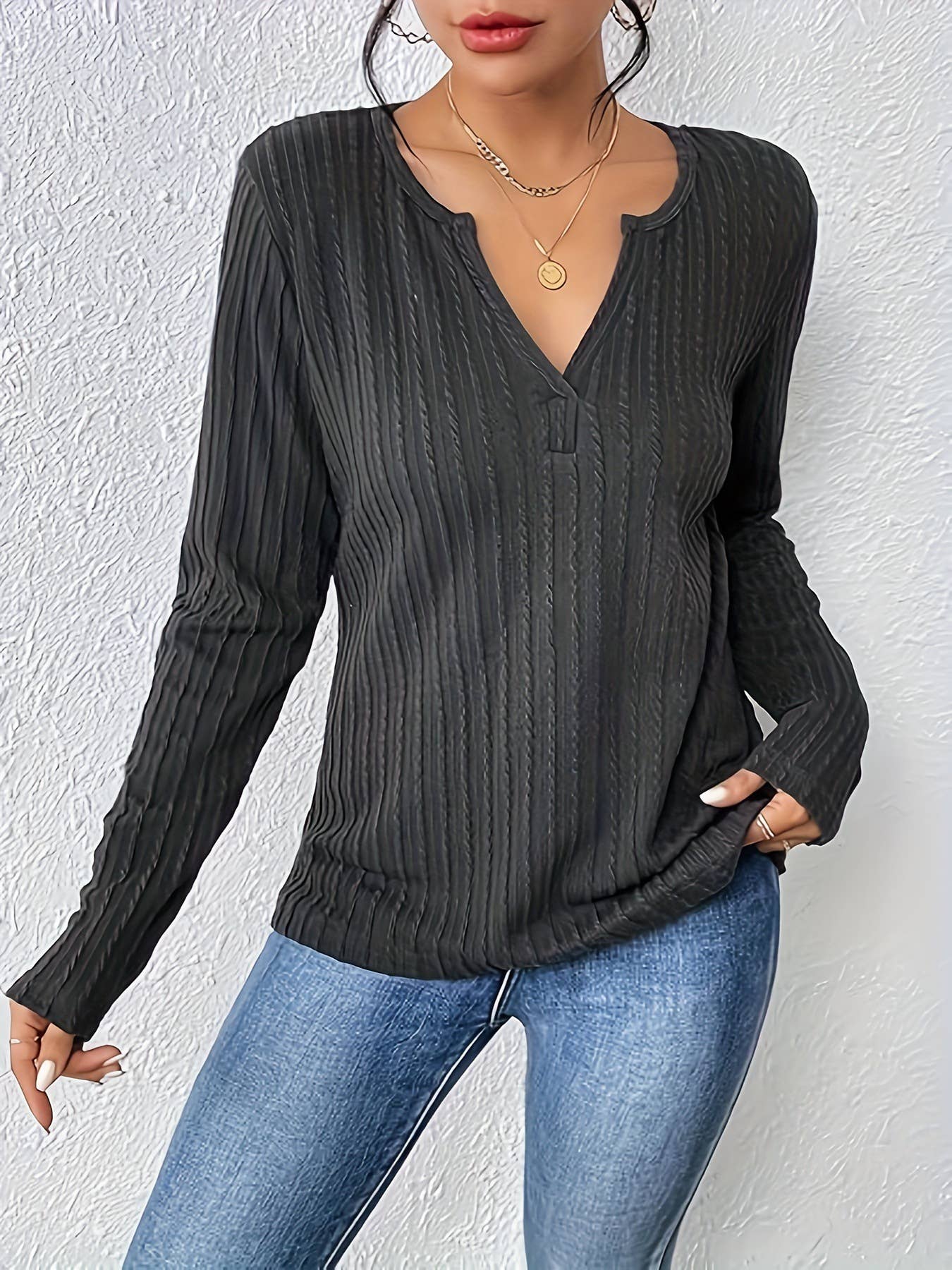 V-NECK T-SHIRT CASUAL JACQUARD TEXTURE KNIT TOP