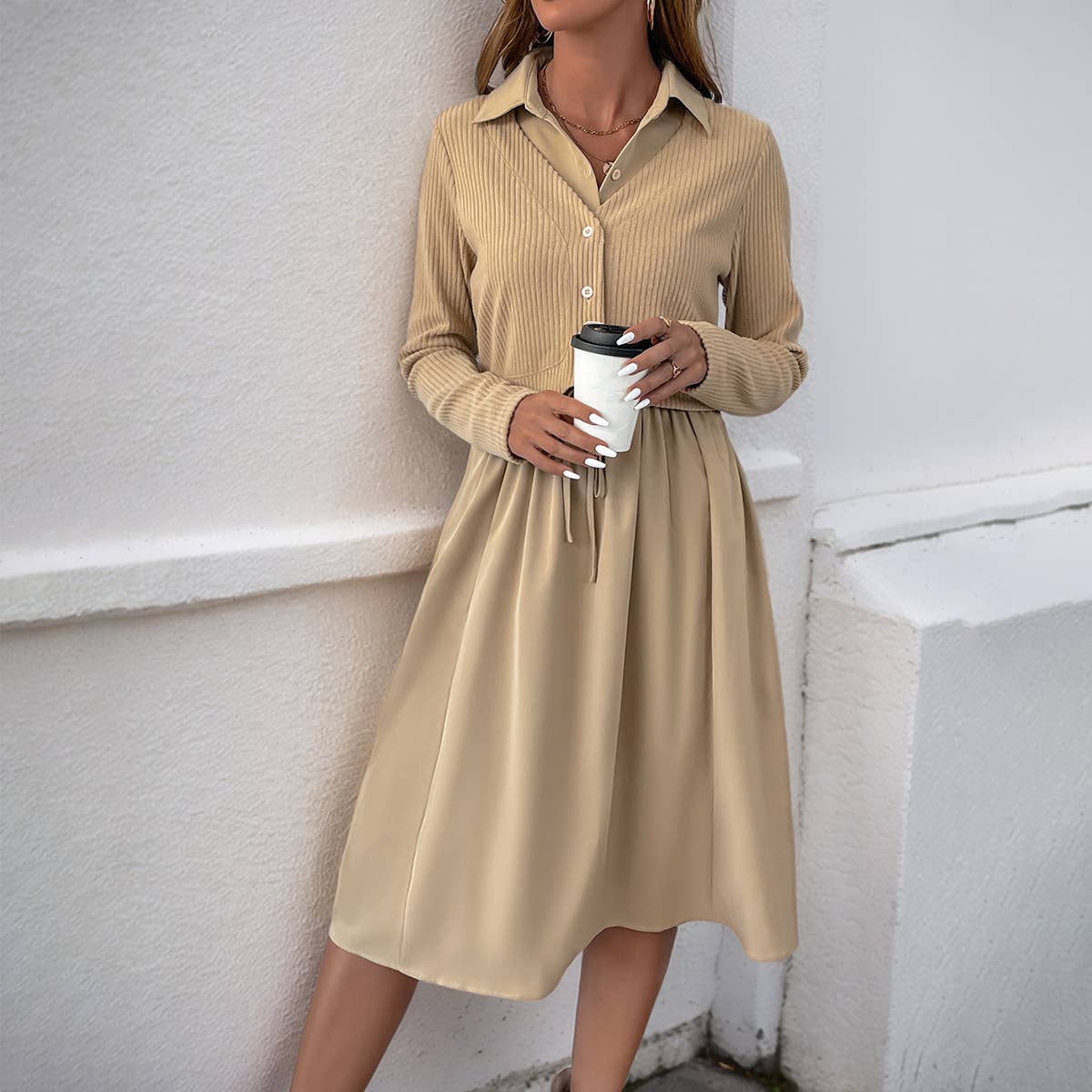 SOLID COLOR LAPEL LONG SLEEVE FAKE TWO DRESSES