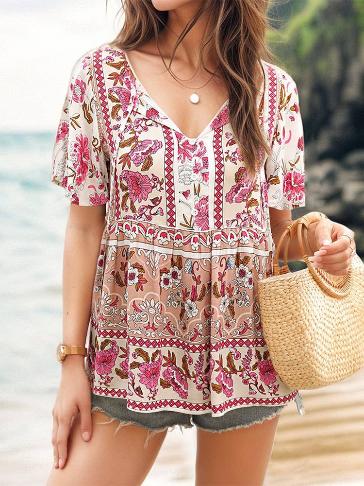 Lace-up printed lotus sleeve shirt