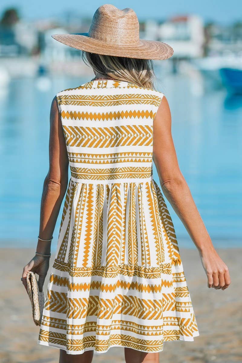 CWDSD6626_STRIPED SLEEVELESS VEST V-NECK PRINTED DRESS