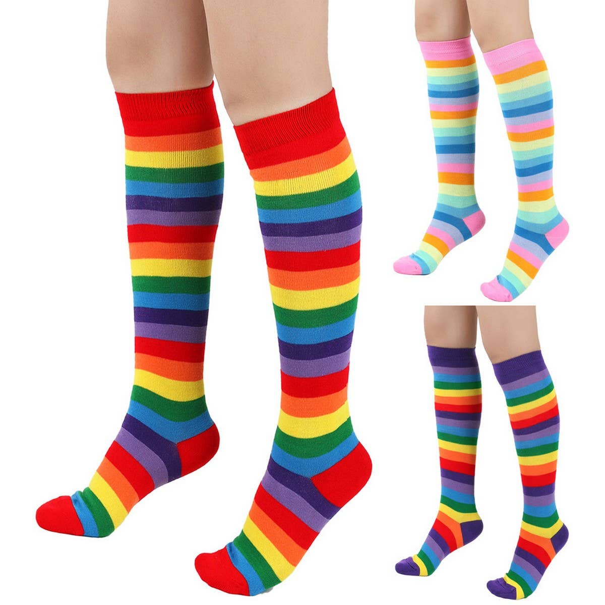 RAINBOW STRIPED MID LENGTH SOCKS KNEE LENGTH SOCKS_CWMS0310