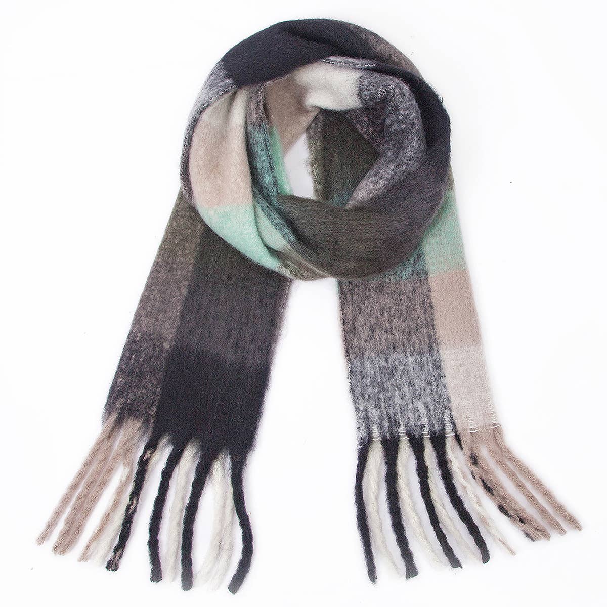 Chunky Plaid Mohair-Look Scarf with Fringes