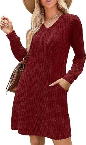 V-NECK POCKET FROSTED LONG-SLEEVED CASUAL DRESS