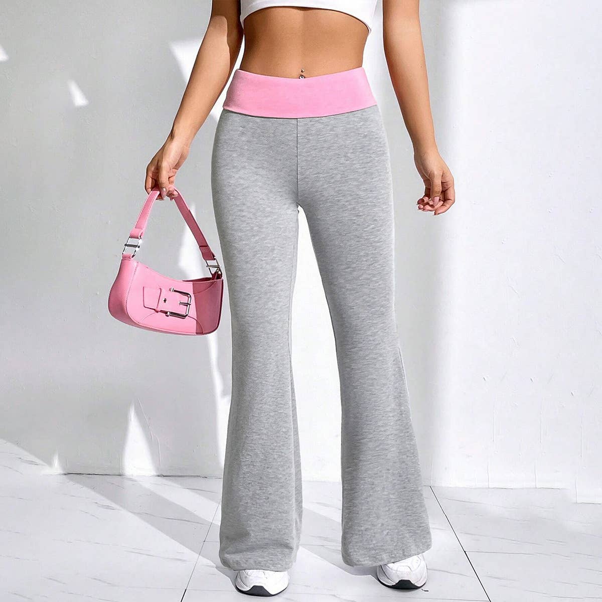 PATCHWORK COLOR CONTRAST ELASTIC WAIST FLAREDPANTS