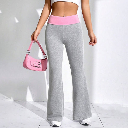 PATCHWORK COLOR CONTRAST ELASTIC WAIST FLAREDPANTS