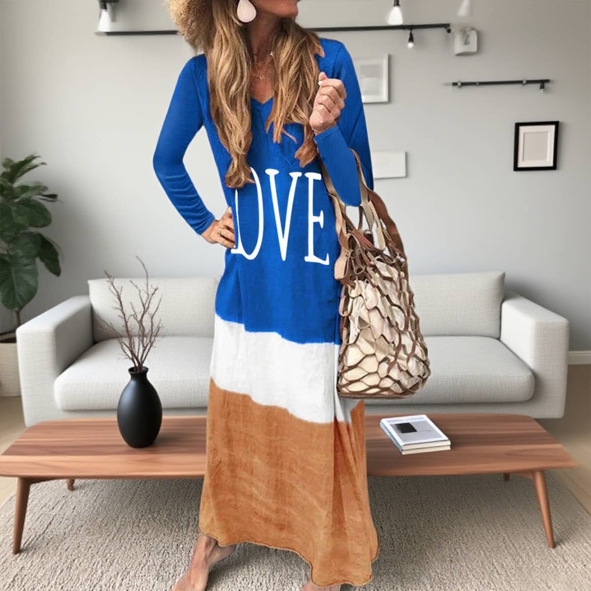 Fashion color-blocking printe long-sleeved dress