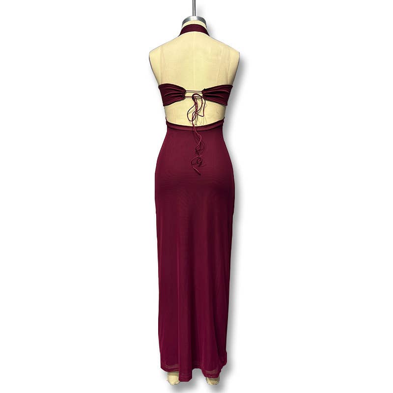 Long backless, cinched waist and neckline dress