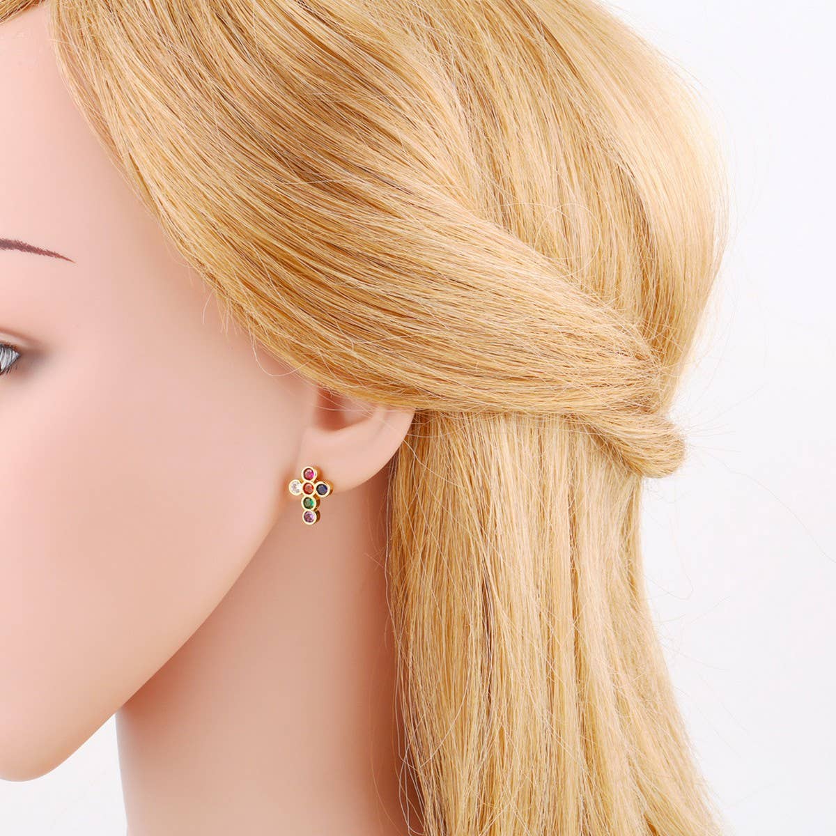 COLORED ZIRCON CROSS EARRINGS