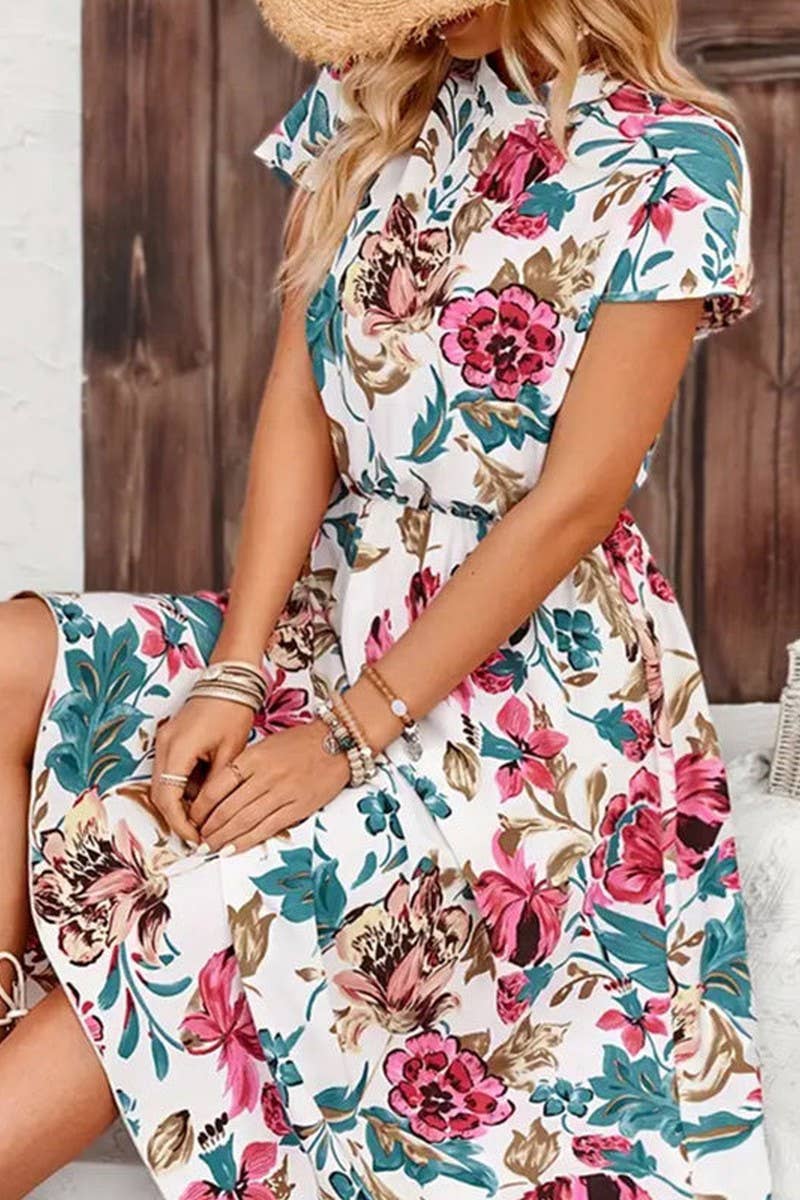 CWDMD5079_SUMMER LOOSE SHORT-SLEEVED FLORAL MIDI DRESS