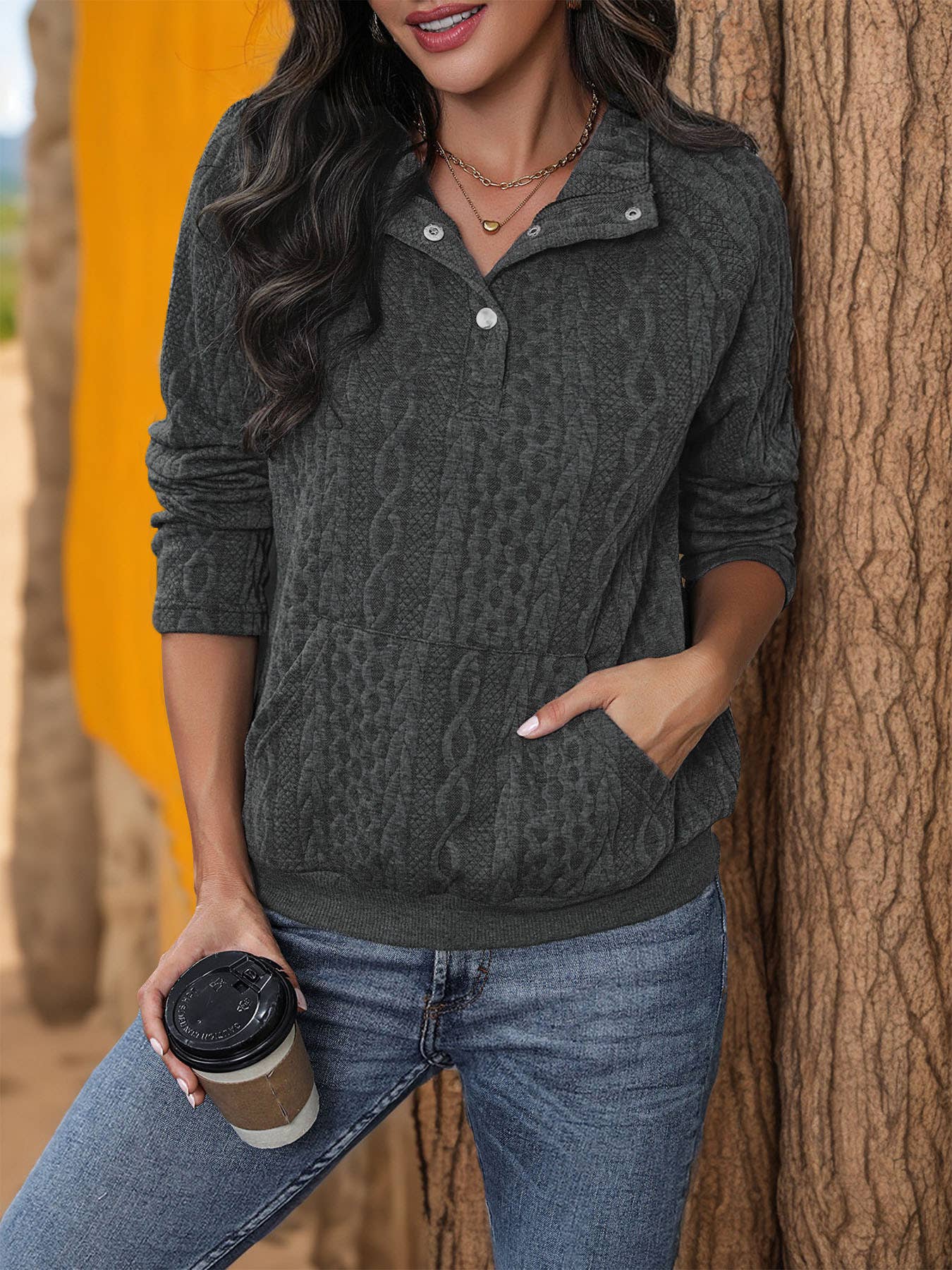 TEXTURED LONG SLEEVE SOLID COLOR HOODIE