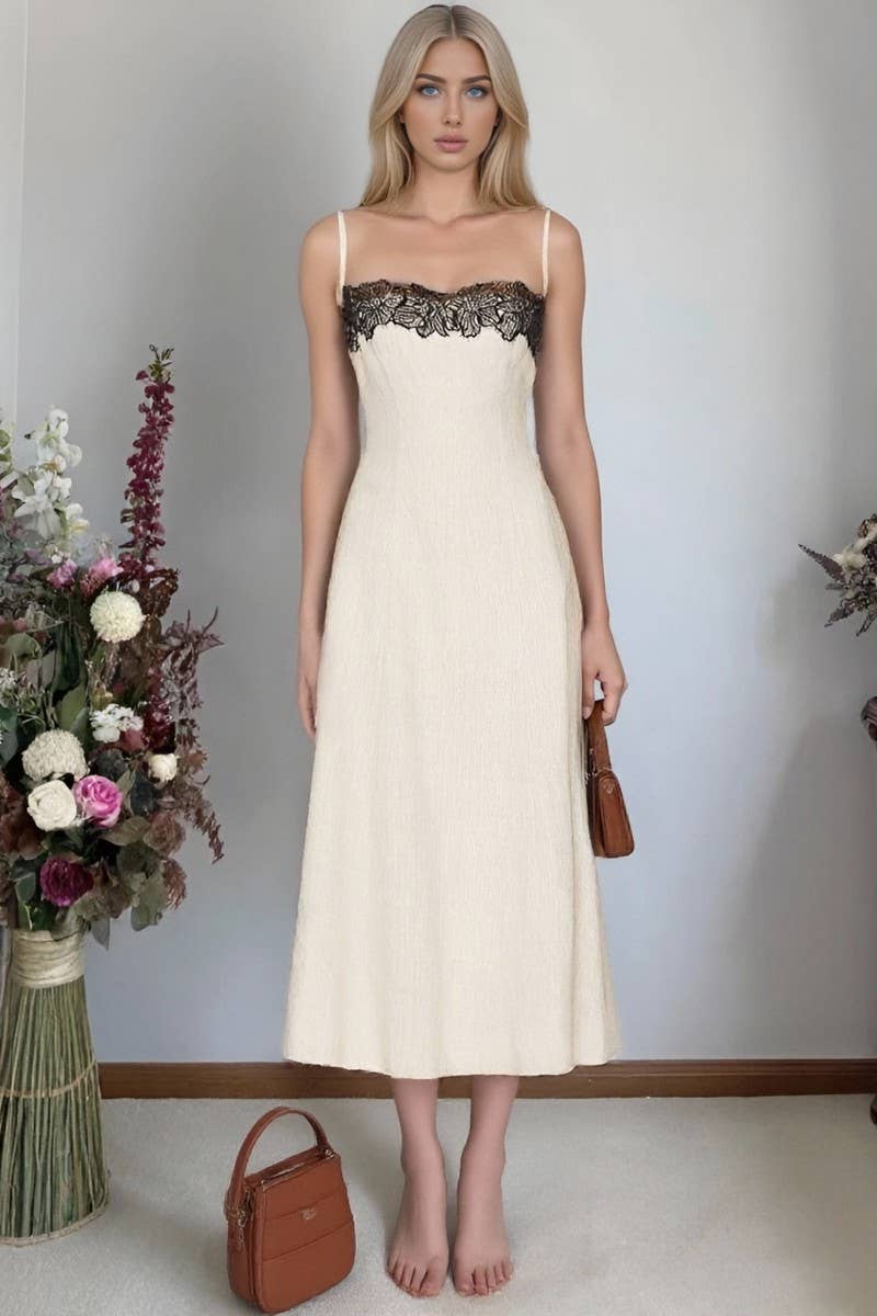 CWDMD6403_LACE COLORBLOCK OFF SHOULDER STRAP SUMMER DRESS