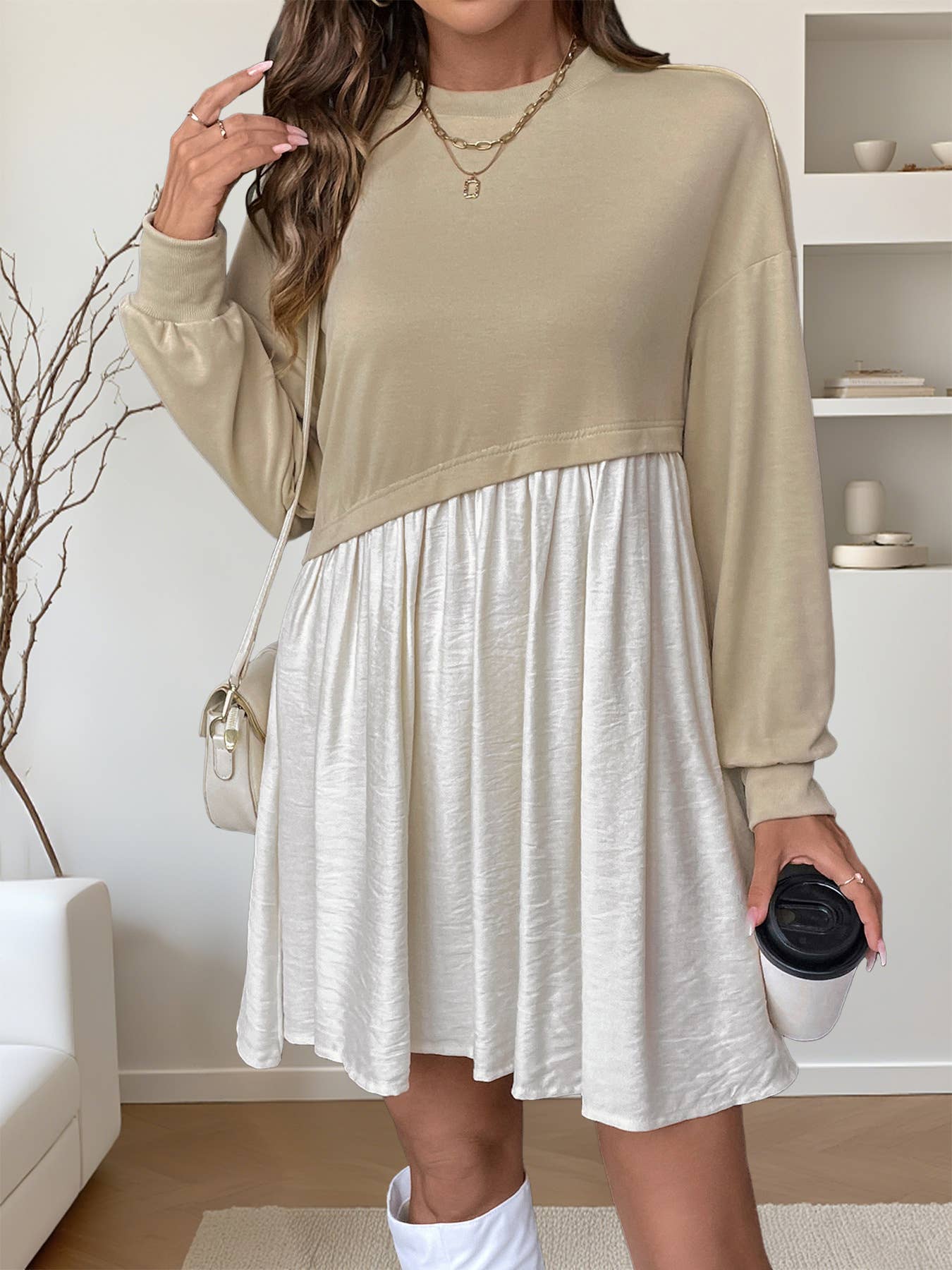 Round neck collision color stitching short dress