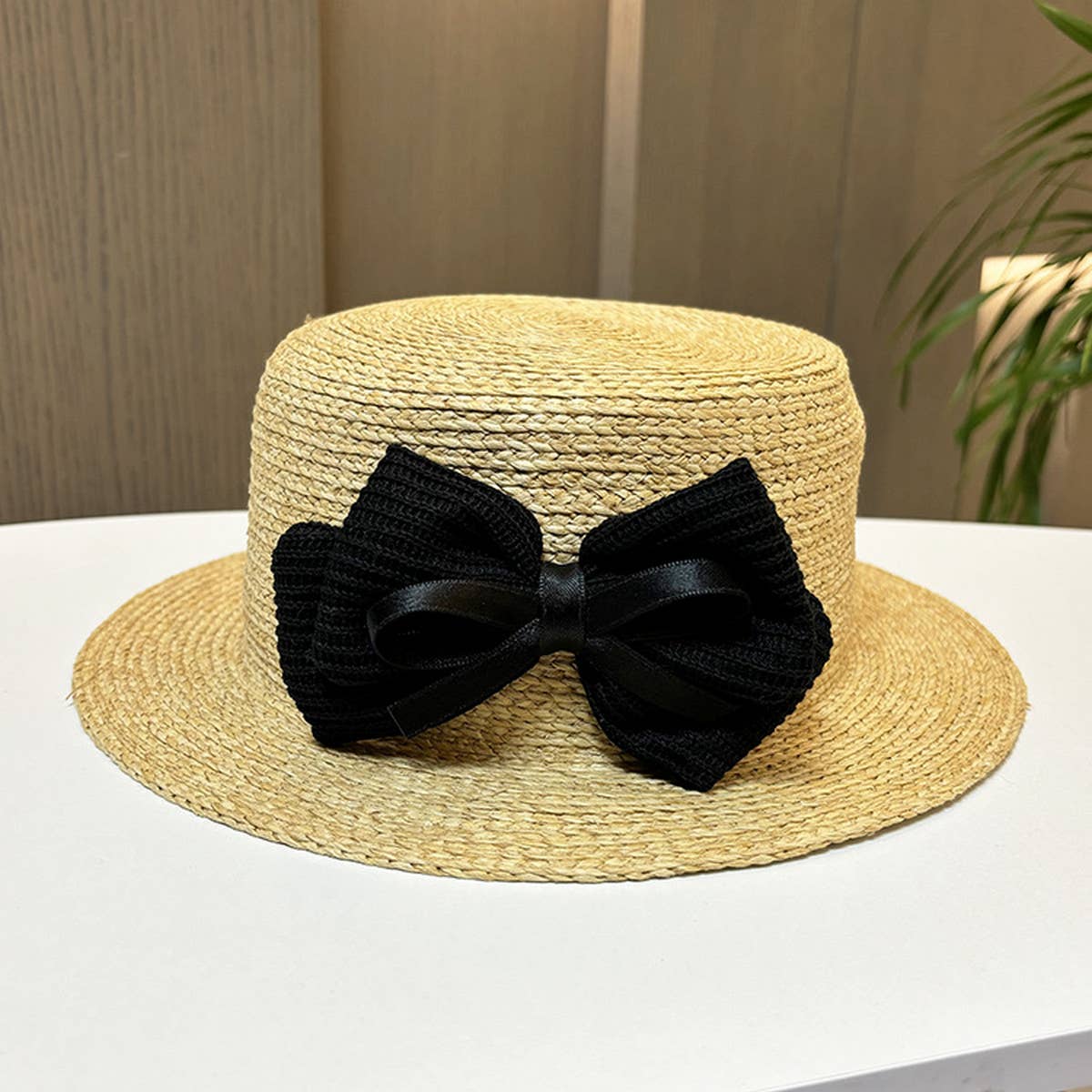 RETRO VACATION TRAVEL SUNSHADE BOW STRAW HAT_CWAH1215