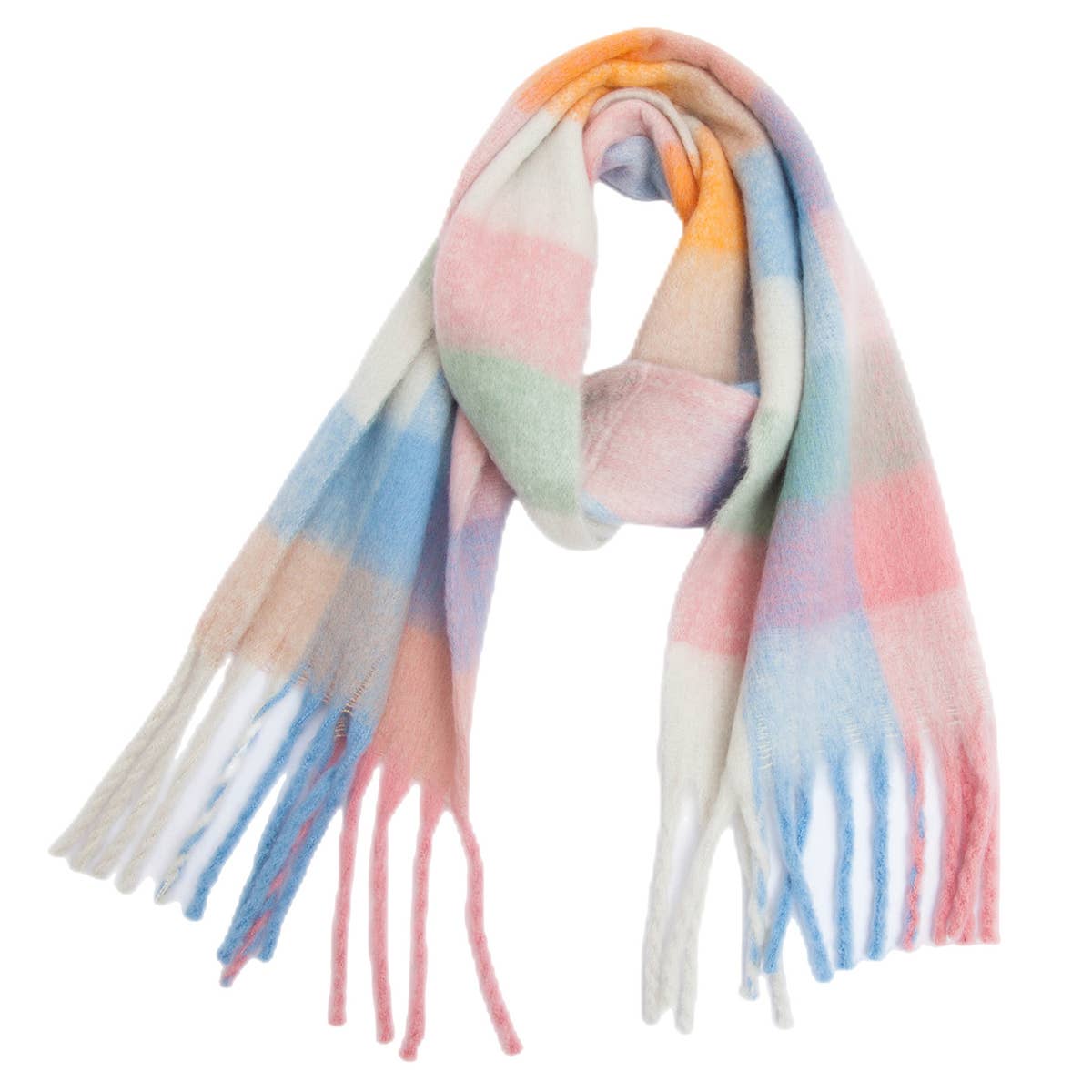 Chunky Plaid Mohair-Look Scarf with Fringes