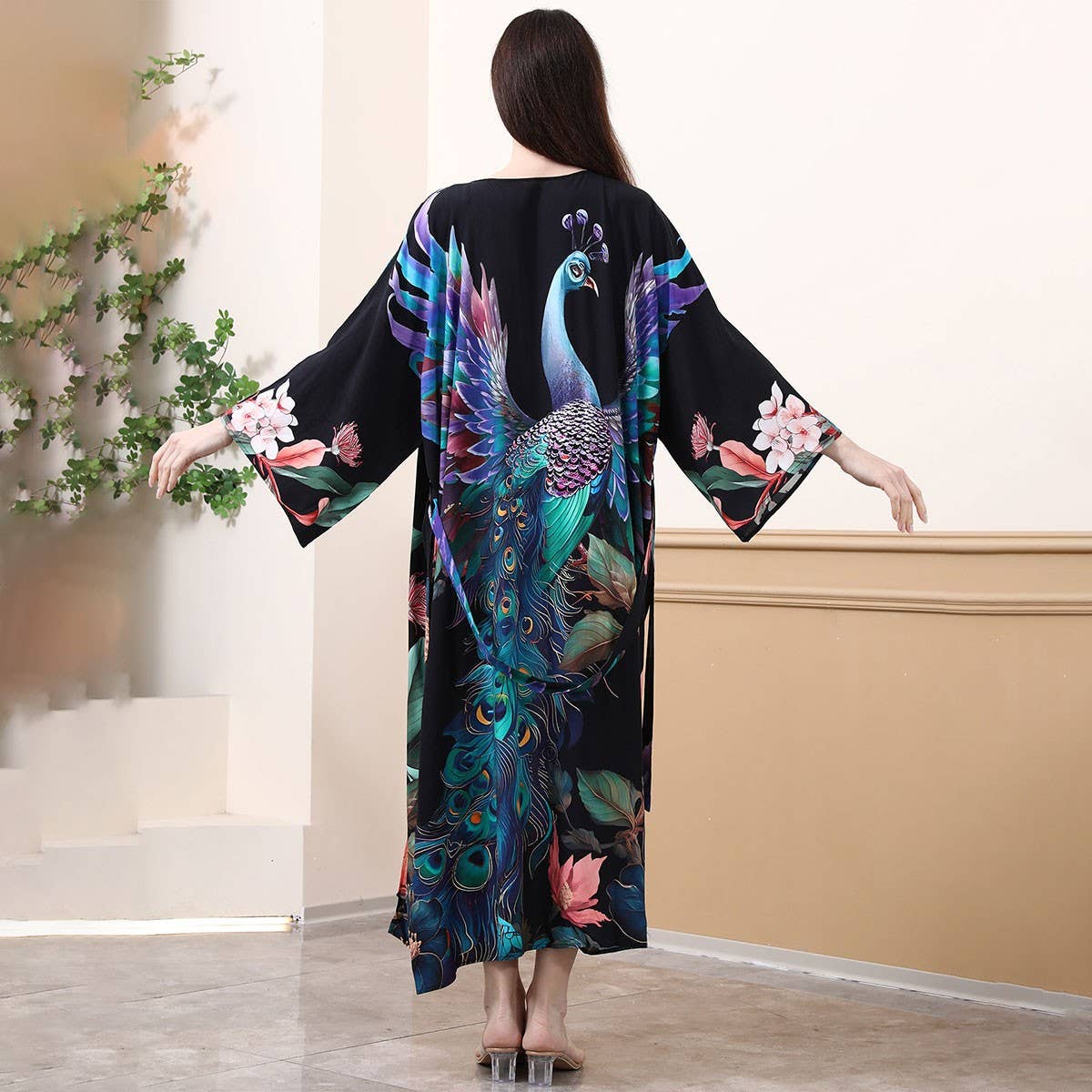 Peacock Floral Print Beach Cover-Up for Bikini_CWMM6304