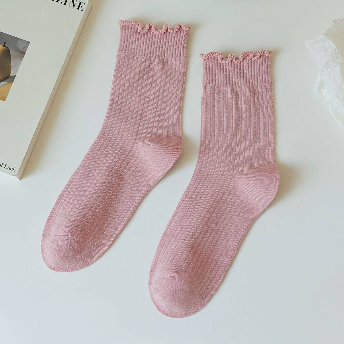 Ruffle Solid Crew Socks for Womens