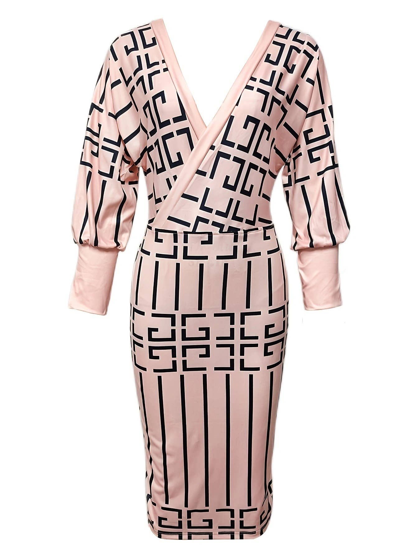 PRINT LONG-SLEEVED V-NECK FANNY PACK HIP DRESS