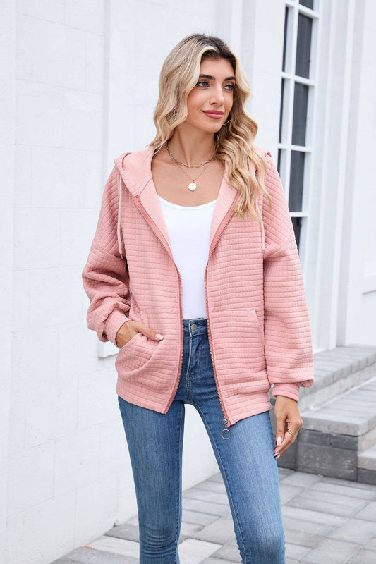 Solid-color zipper long-sleeved hooded coat