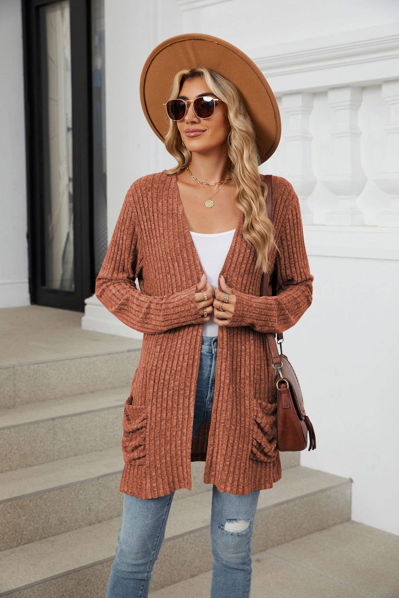 Solid-color casual pocket long-sleeved cardigan