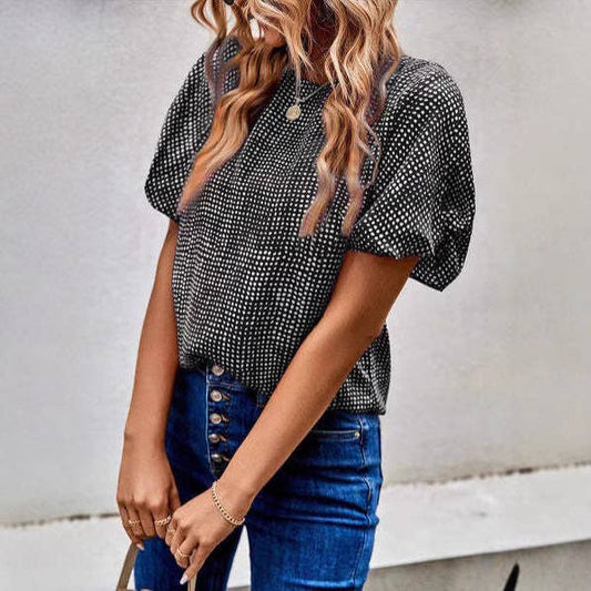Round neck puffed sleeve short sleeve top