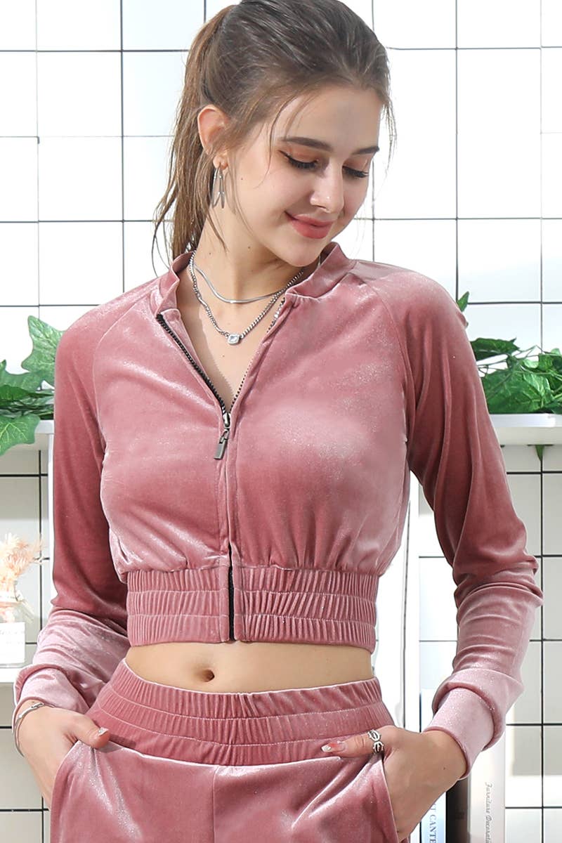 CWOJA474_SOLID RAGLAN SLEEVE SHORT CROP VELVET BOMBER JACKET