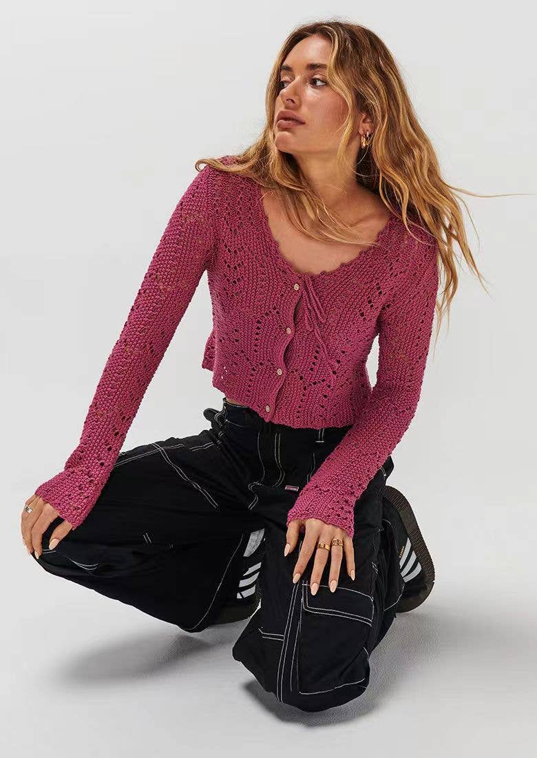 SEXY V-NECK HOLLOWED OUT SOLID COLOR CARDIGAN