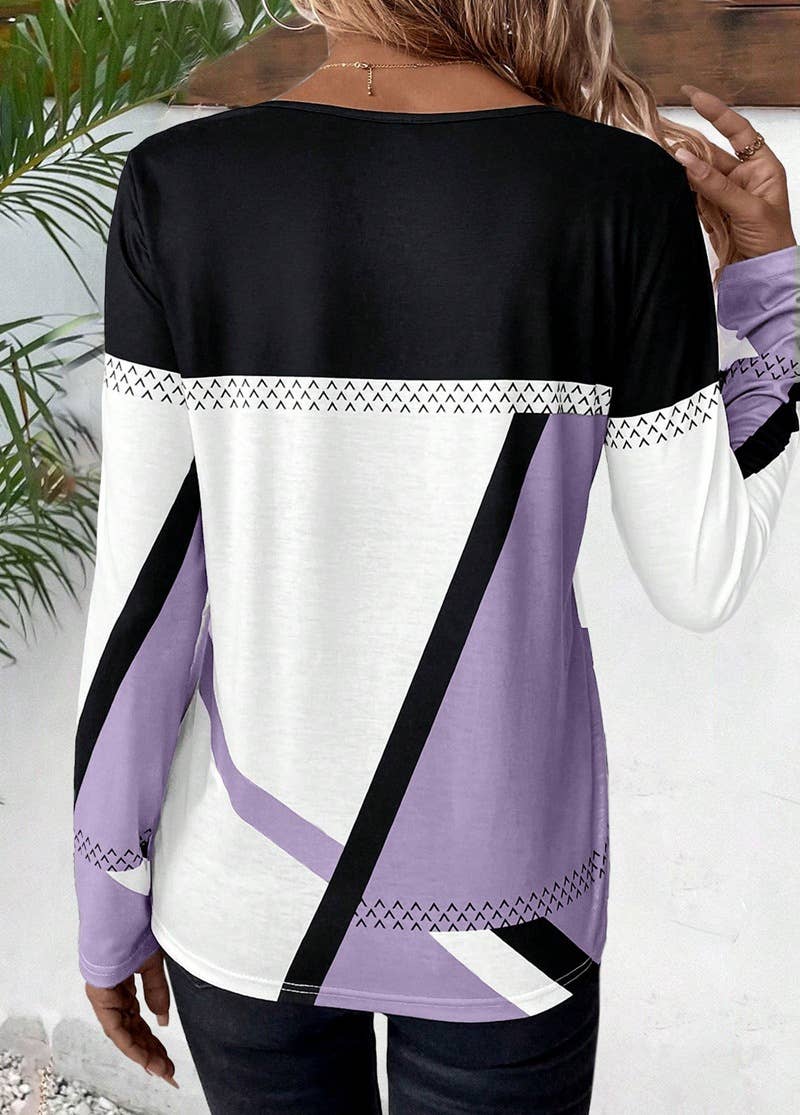 Round-neck color-blocking geometric print top
