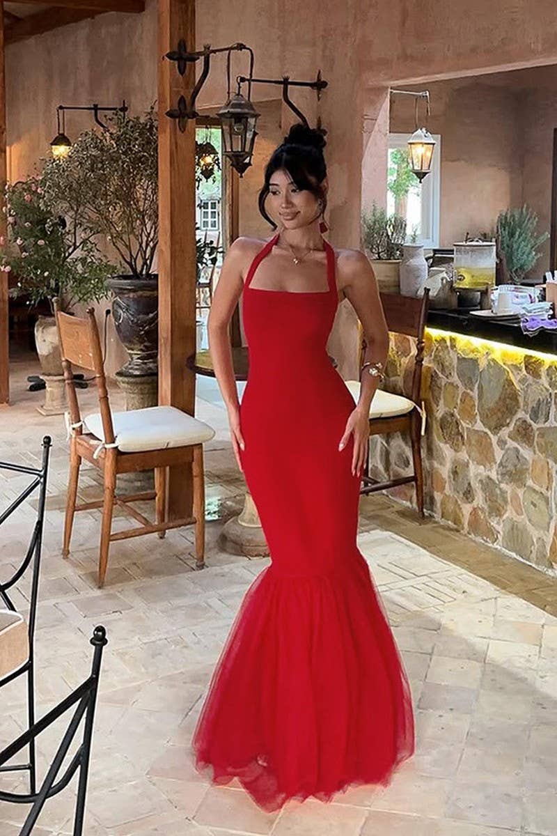 CWDHL0794_HALTER NECK FISHTAIL BACKLESS STITCHING DRESS