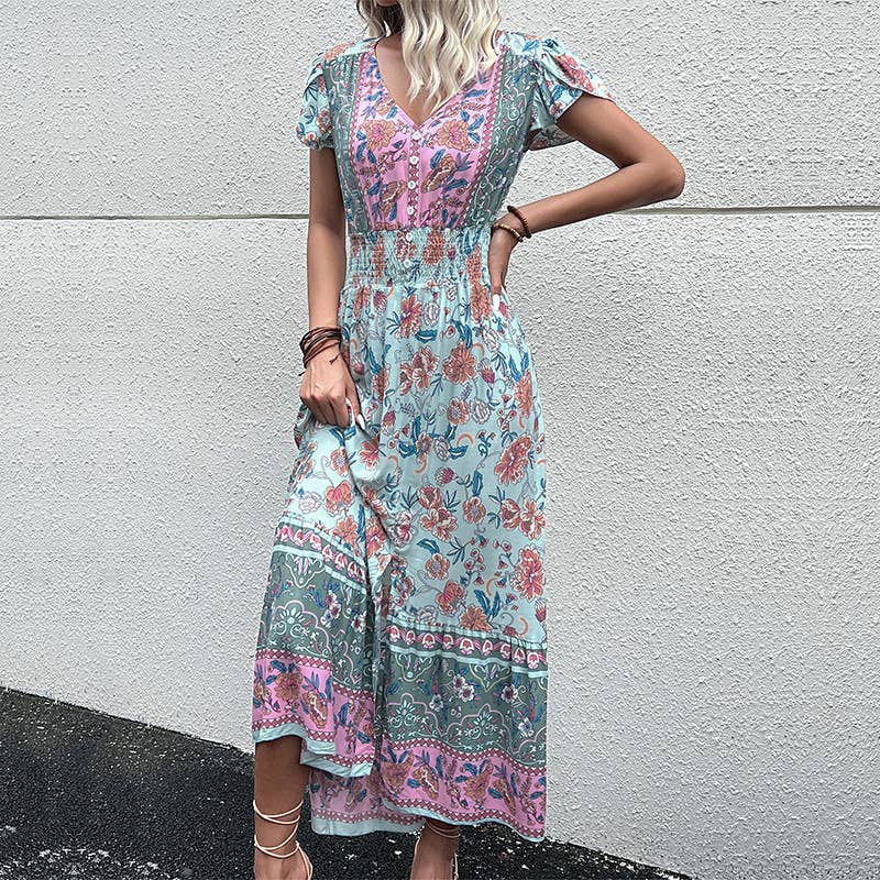 oho V Neck Split Hem Ethnic Print Dress