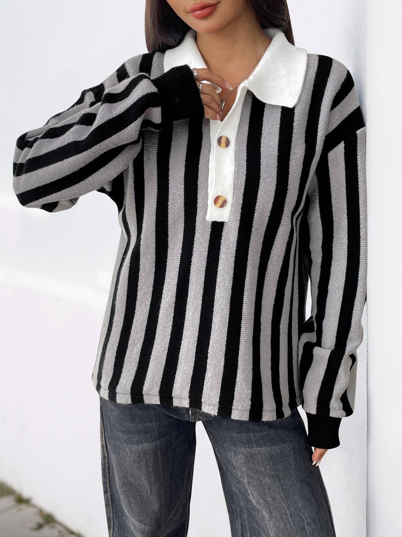 Vertical striped lapel pullover knitted sweater