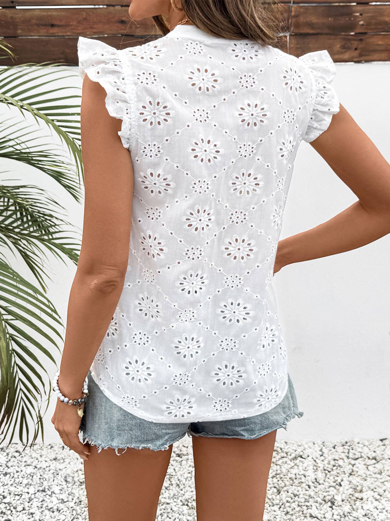 V-Neck Lace Jacquard Flutter Sleeve Blouse