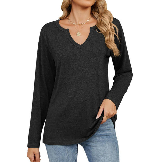 V-neck color cotton long sleeve loose T-shirt