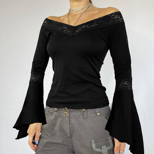LACE SPLICING V-SHAPED HEM FLARED SLEEVE TOP