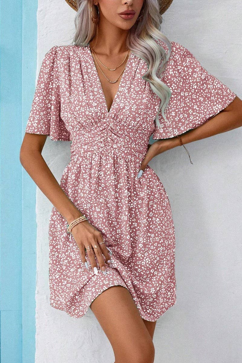 CWDSD7524_SUMMER V-NECK HIGH WAIST FLORAL PLEATED DRESS