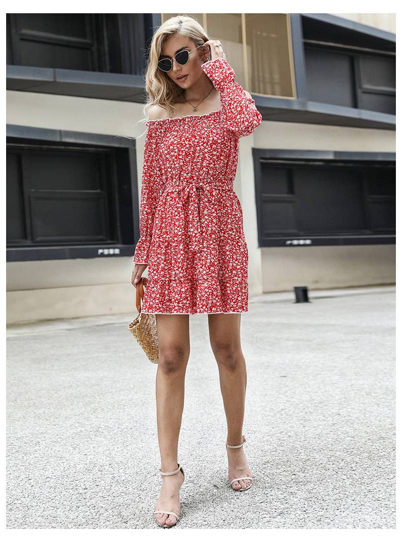 One-shoulder flared lace-up floral dress