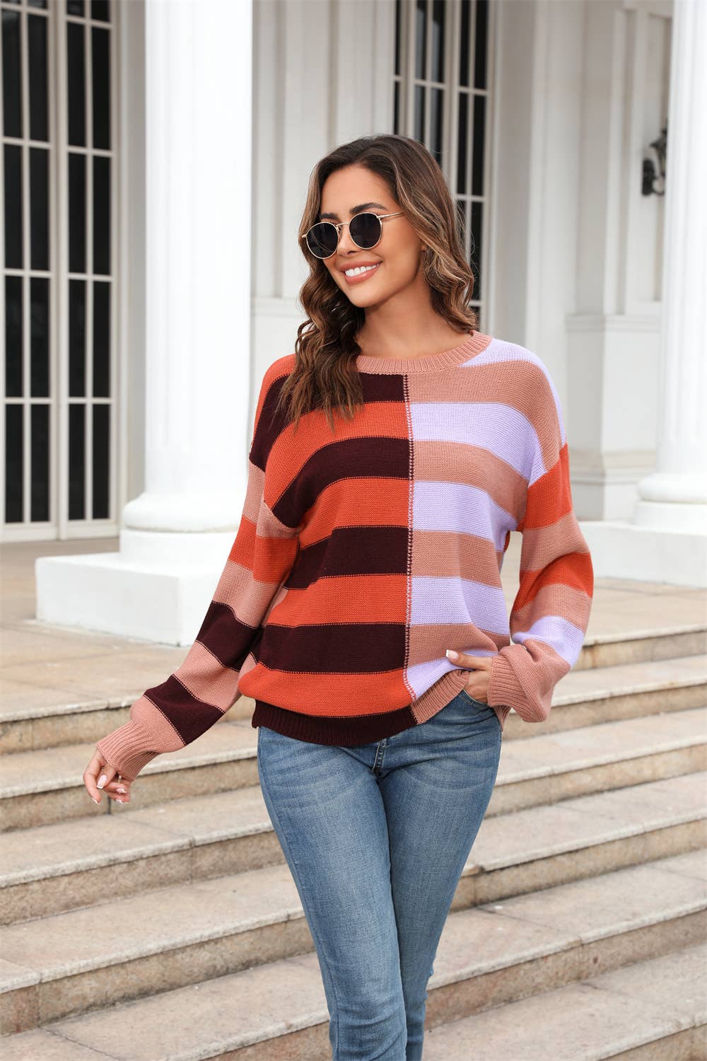 STRIPED CONTRA COLOR CREW NECK SWEATER PULLOVER