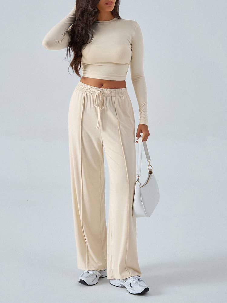 TEMPERAMENT ROUND NECK TOP WIDE LEG PANT SUIT