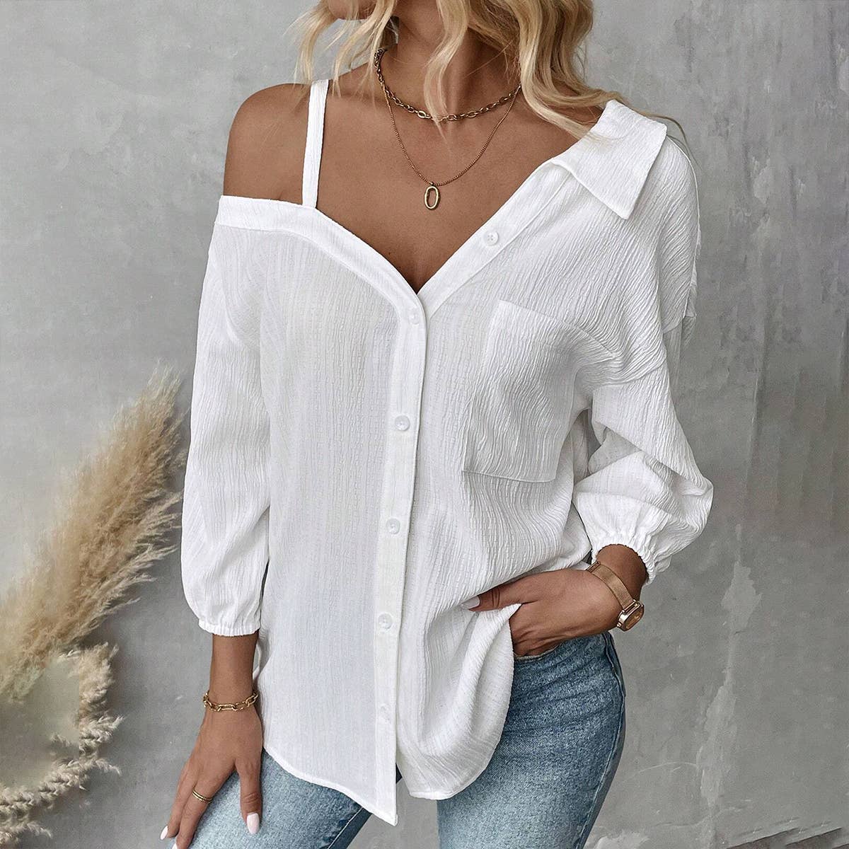 Lapel off-the-shoulder single breasted shirt
