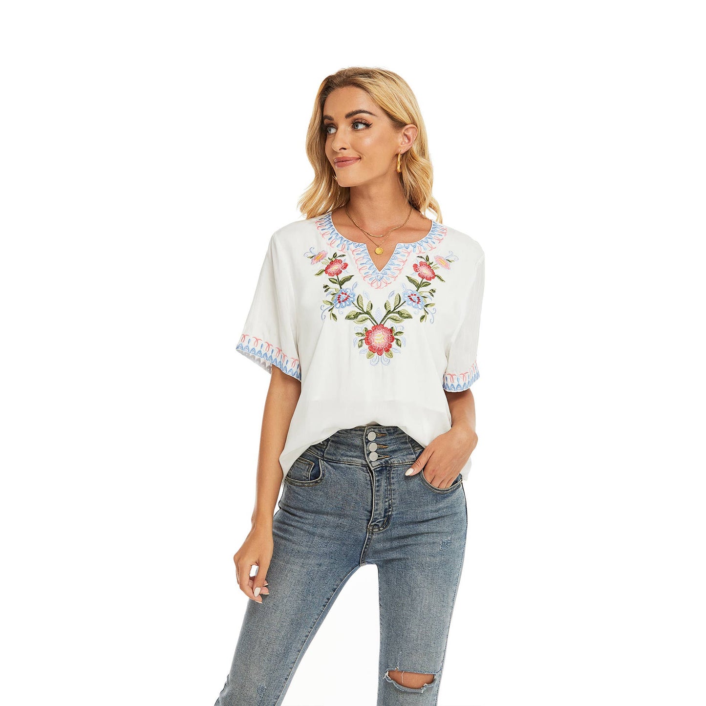 Ethnic style embroidered short sleeve