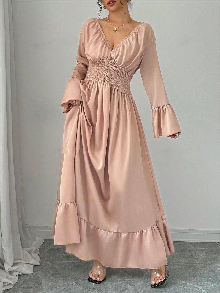 V-NECK WAIST ELEGANT SOLID COLOR LONG WAIST DRESS
