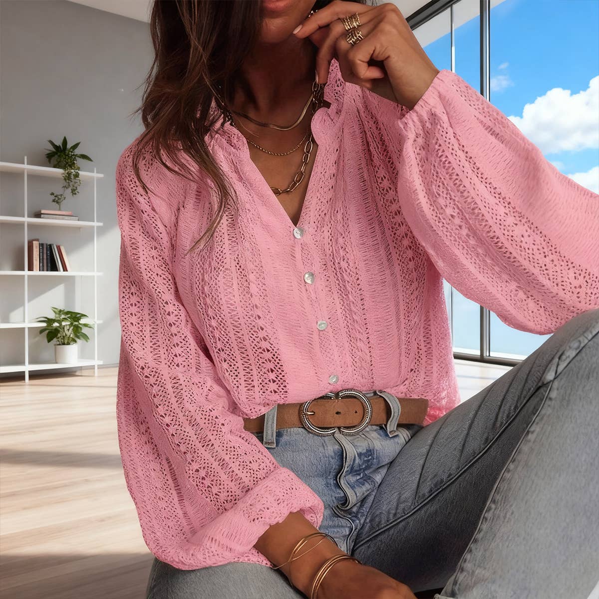 Hollowed-out lace V-neck single-breasted shirt