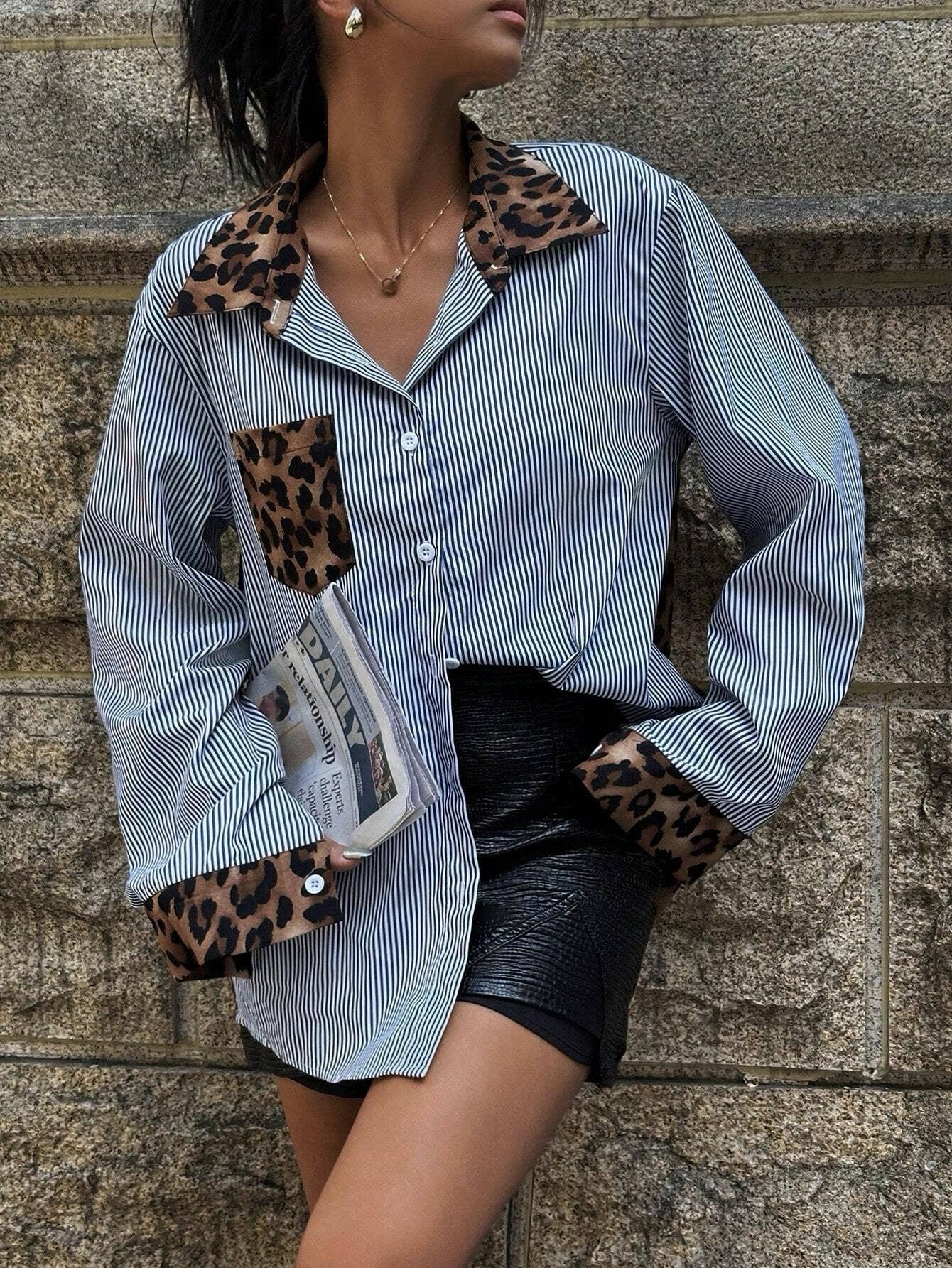 Fashionable leopard print patchwork loose shirt